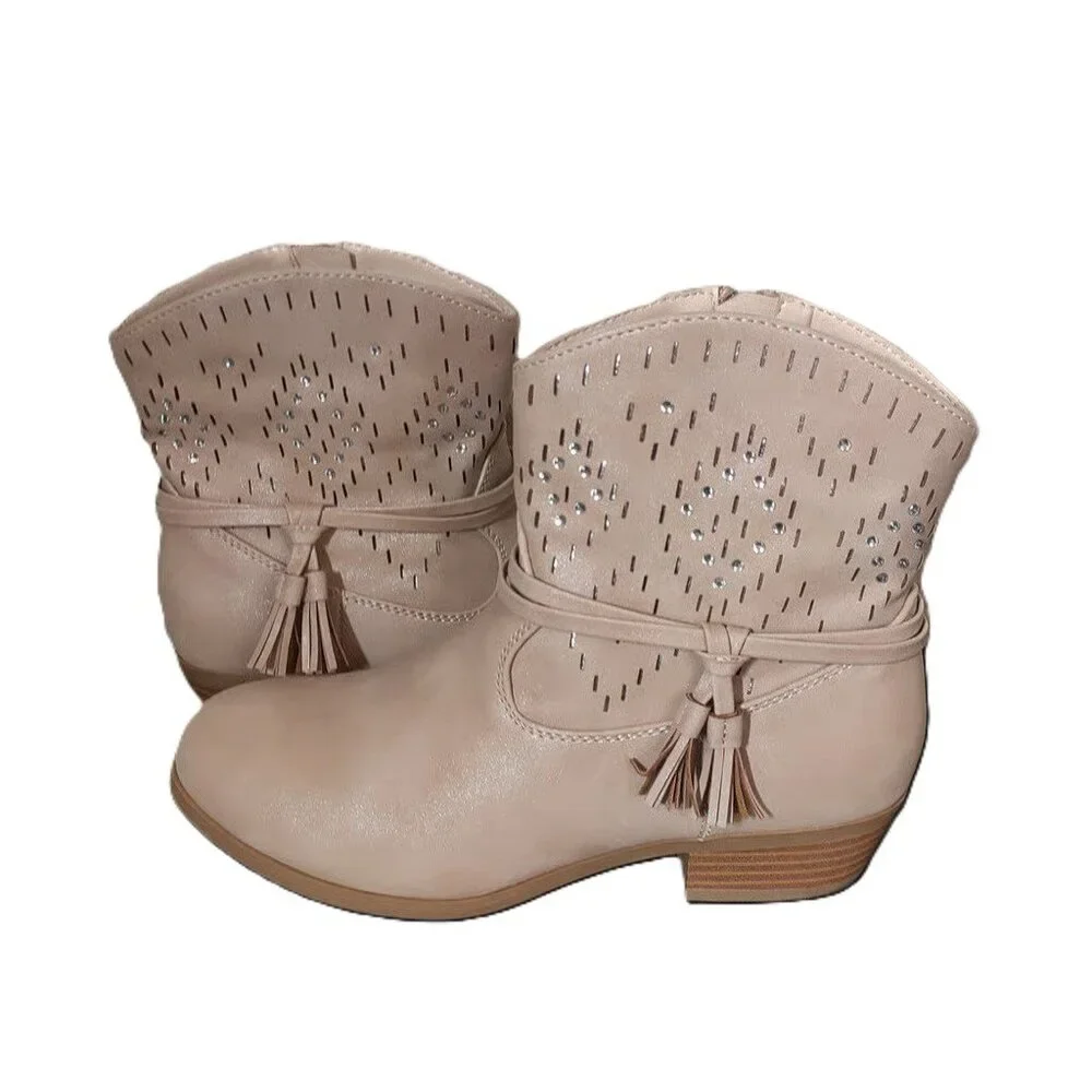 Jessica Simpson Short Cowboy Boots Beige/Tan Shiny Diamond Rhinestone Kid Size 4